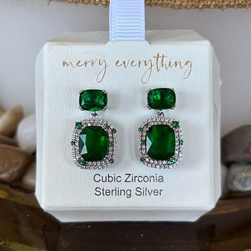 Rachel Zoe Sterling Silver CZ Emerald Green Baguette Drop Earrings Christmas